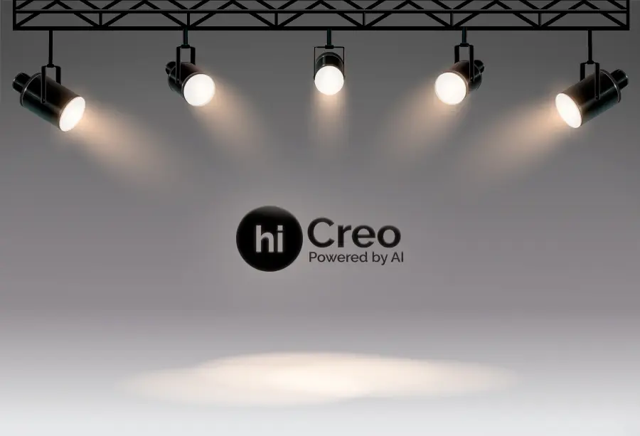 AI-powered presentation design tool hiCreo logo under spotlight, showcasing how to create presentations fast and easy using AI. Ideal for fast presentation creation and smart design solutions without design skills.