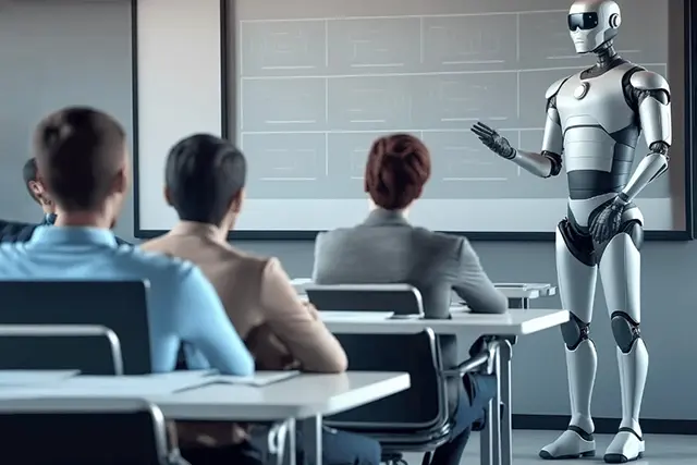 A robot presenting to a group of professionals in a modern conference room, showcasing AI's role in revolutionizing presentation design.