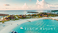 View from above of the stunning Maldive Beach Resort, surrounded by crystal clear emerald waters. The resort is depicted in a sales presentation with the title 'Maldive Beach Resort' visible in the right bottom corner of the image.