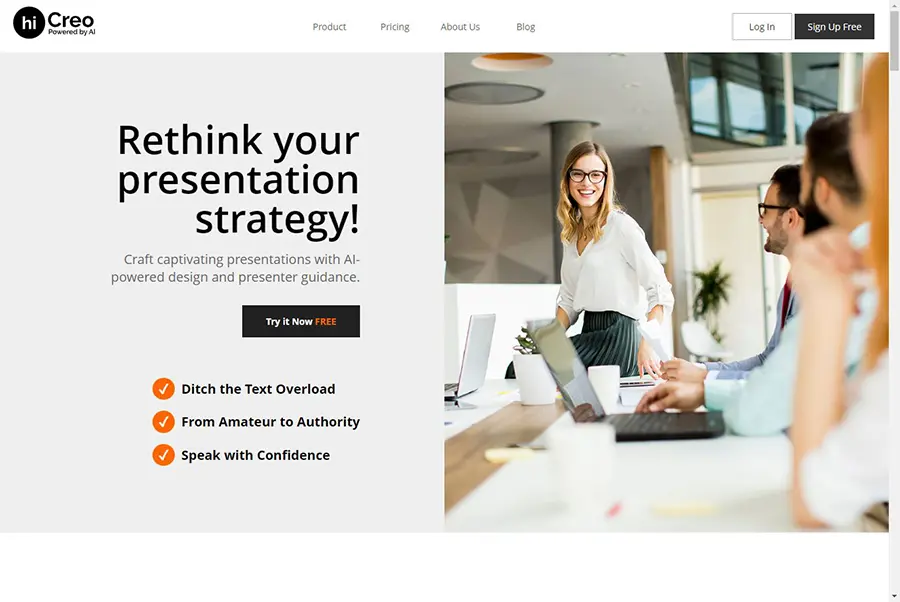 hiCreo.ai website homepage for AI-powered presentation sign-up, with professionals discussing strategies in a modern office.