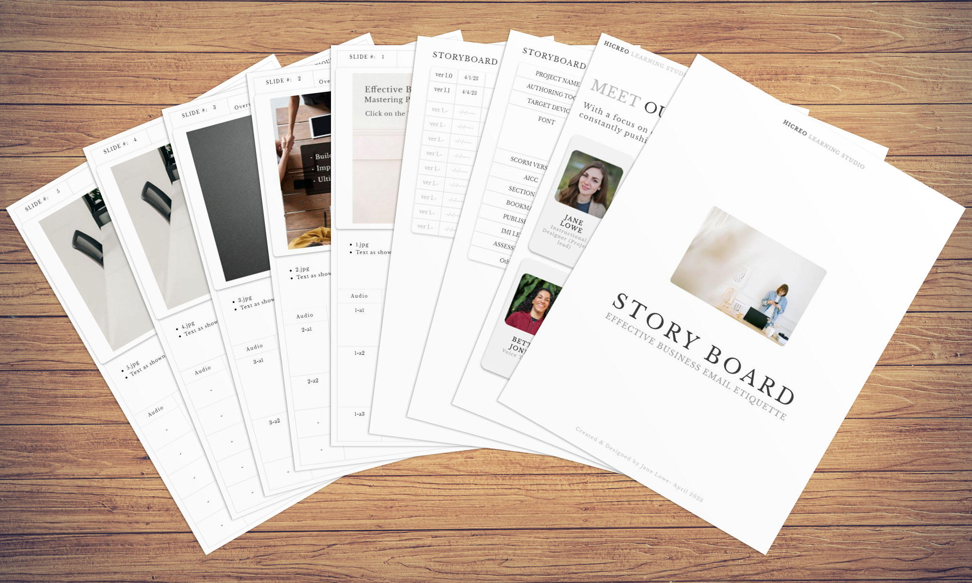 eLearning storyboard templates spread on a desk with the course title 'Effective Business Email Etiquette' created using the hiCreo platform