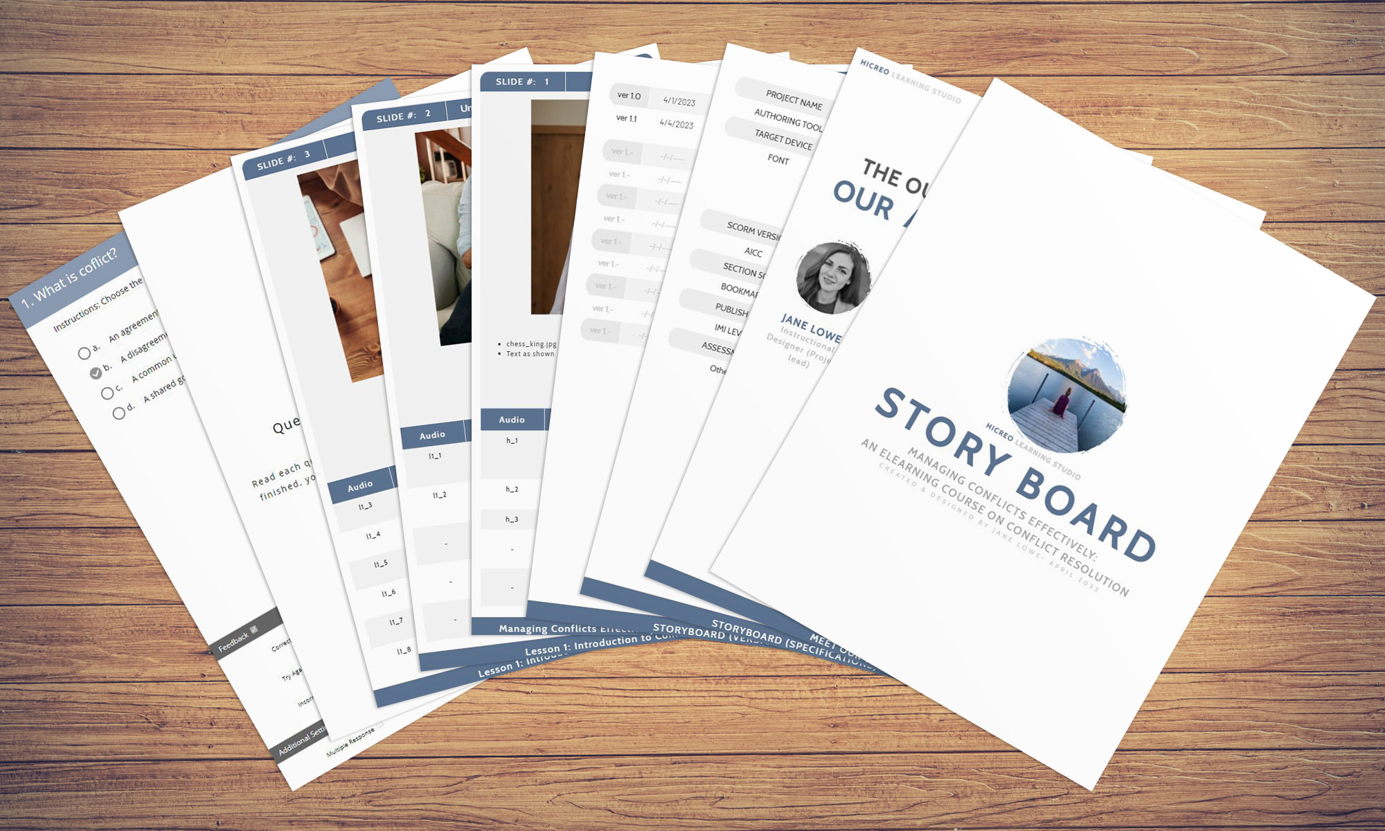 eLearning storyboard templates spread on a desk with the course title 'Managing Conflicts Effectively: An eLearning Course on Conflict Resolution' created using the hiCreo platform