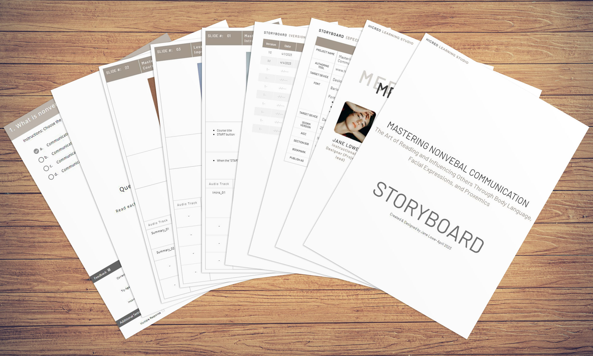 eLearning storyboard templates spread on a desk with the course title 'Mastering Nonverbal Communication: The Art of Reading and Influencing Others Through Body Language, Facial Expressions, and Proxemics' created using the hiCreo platform