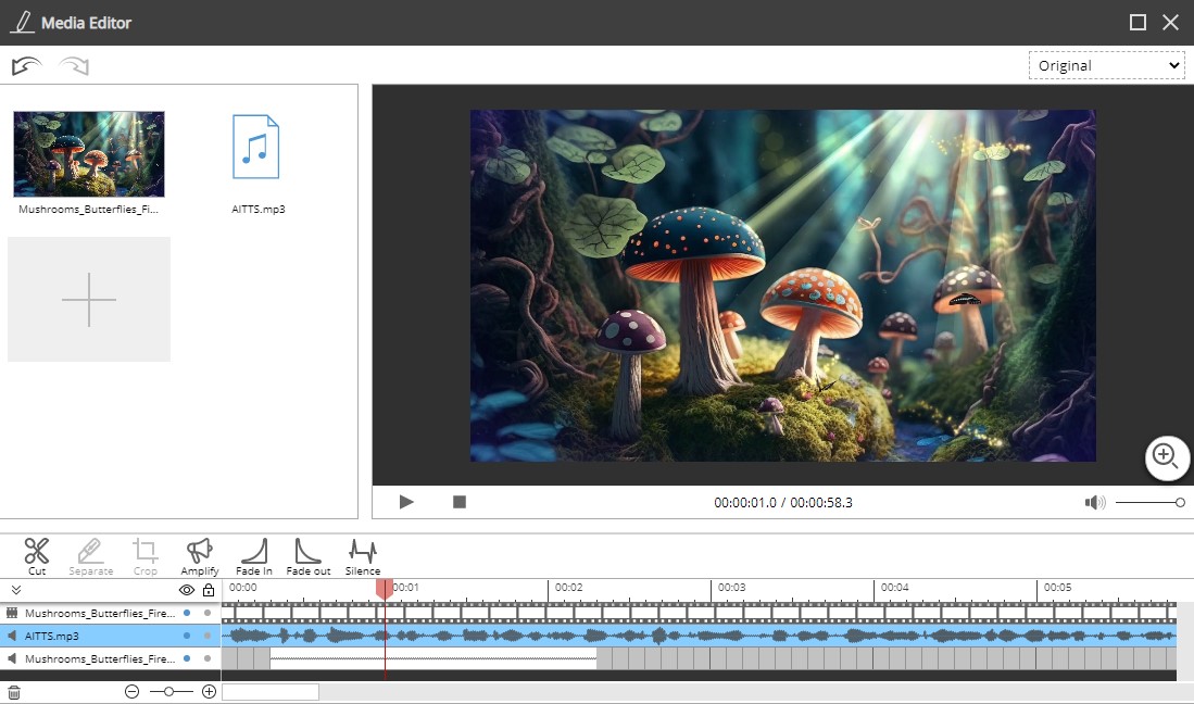 A screenshot of the hiCreo multimedia editor software interface, displaying a video and audio editing workspace.