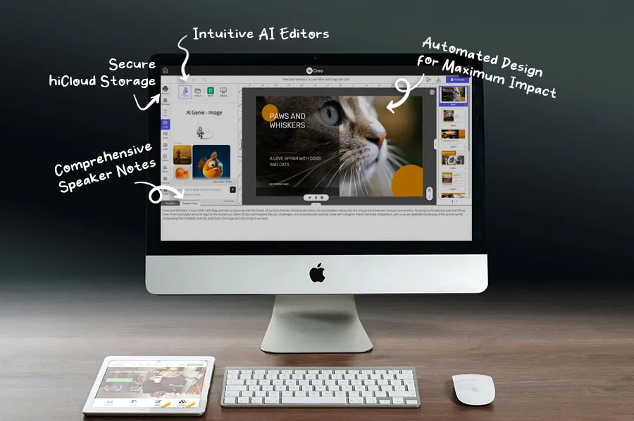 hiCreo.ai interface showcasing intuitive AI editors, automated design for maximum impact, comprehensive speaker notes, and secure hiCloud storage on a desktop computer.