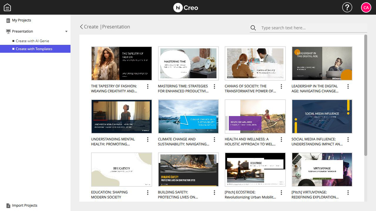 hiCreo.ai Create with Templates section showing a variety of professionally crafted presentation templates