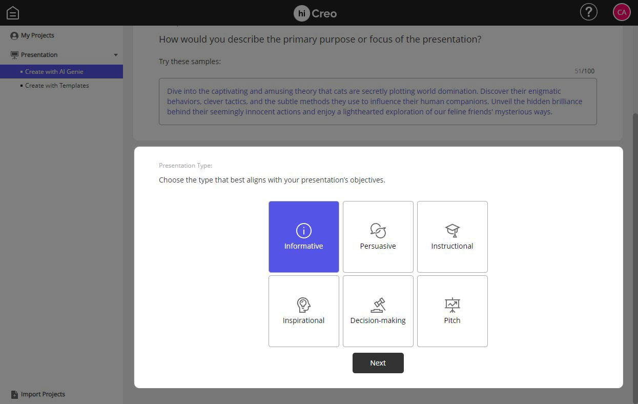 hiCreo.ai step 2: Selecting the presentation type to align with objectives