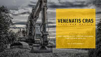 Construction site with excavator and presentation template titled 'Venenatis Cras' on yellow box