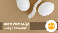 Presentation thumbnail titled 'How to Poach an Egg using a Microwave' with two eggs and tongs on a brown background, with 'Next' button on bottom right