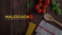 Presentation thumbnail titled 'Malesuada' featuring spaghetti noodles, tomato, basil, spoon, and towel on a table
