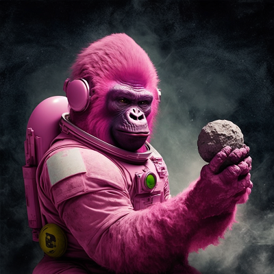 Digital art of a pink ape astronaut floating in space, holding a stone, depicted in a photorealistic style.