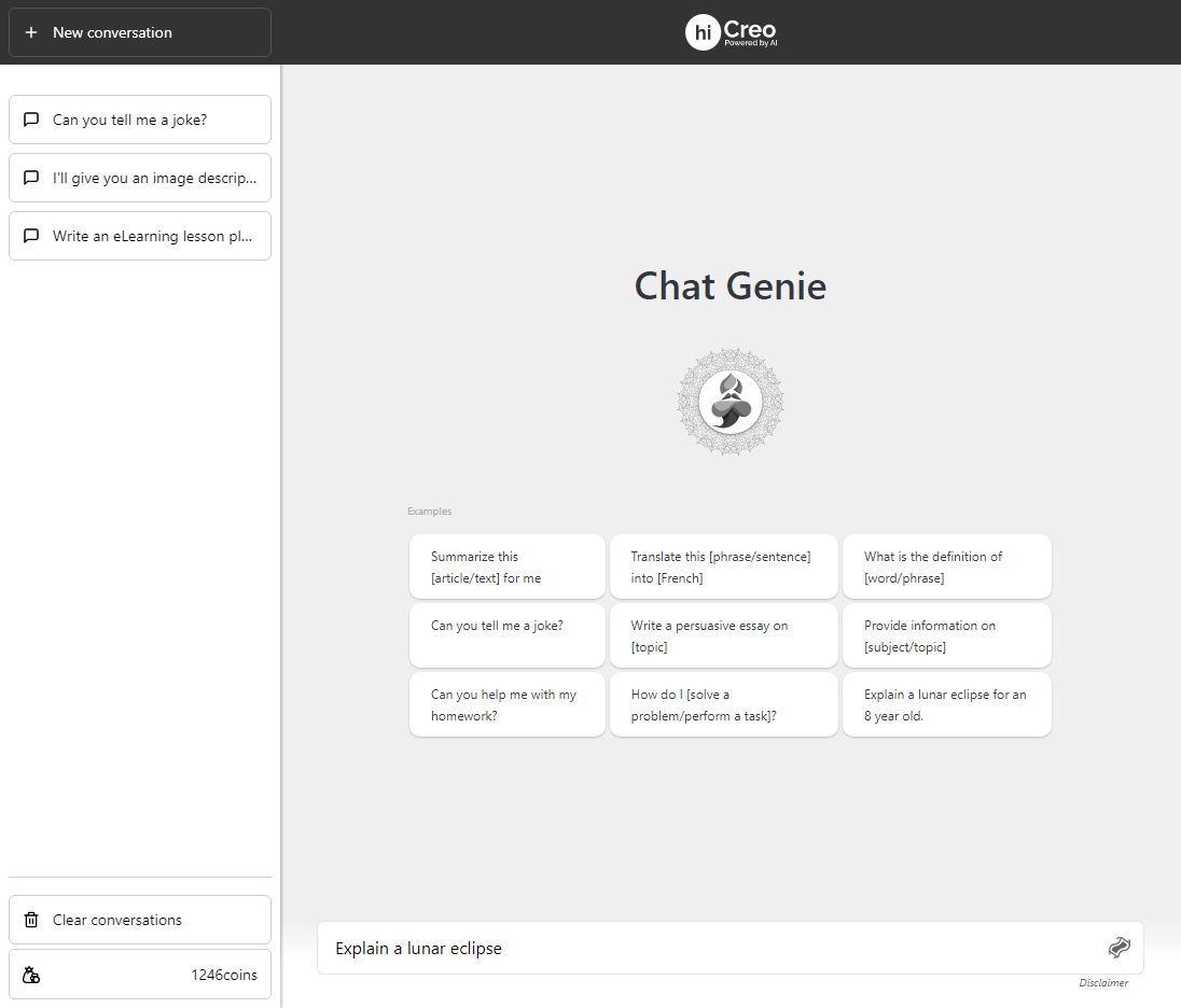 A screenshot of the Chat Genie user interface on hiCreo's AI design platform. The image shows a chatbot avatar with a text box and various options for customization.