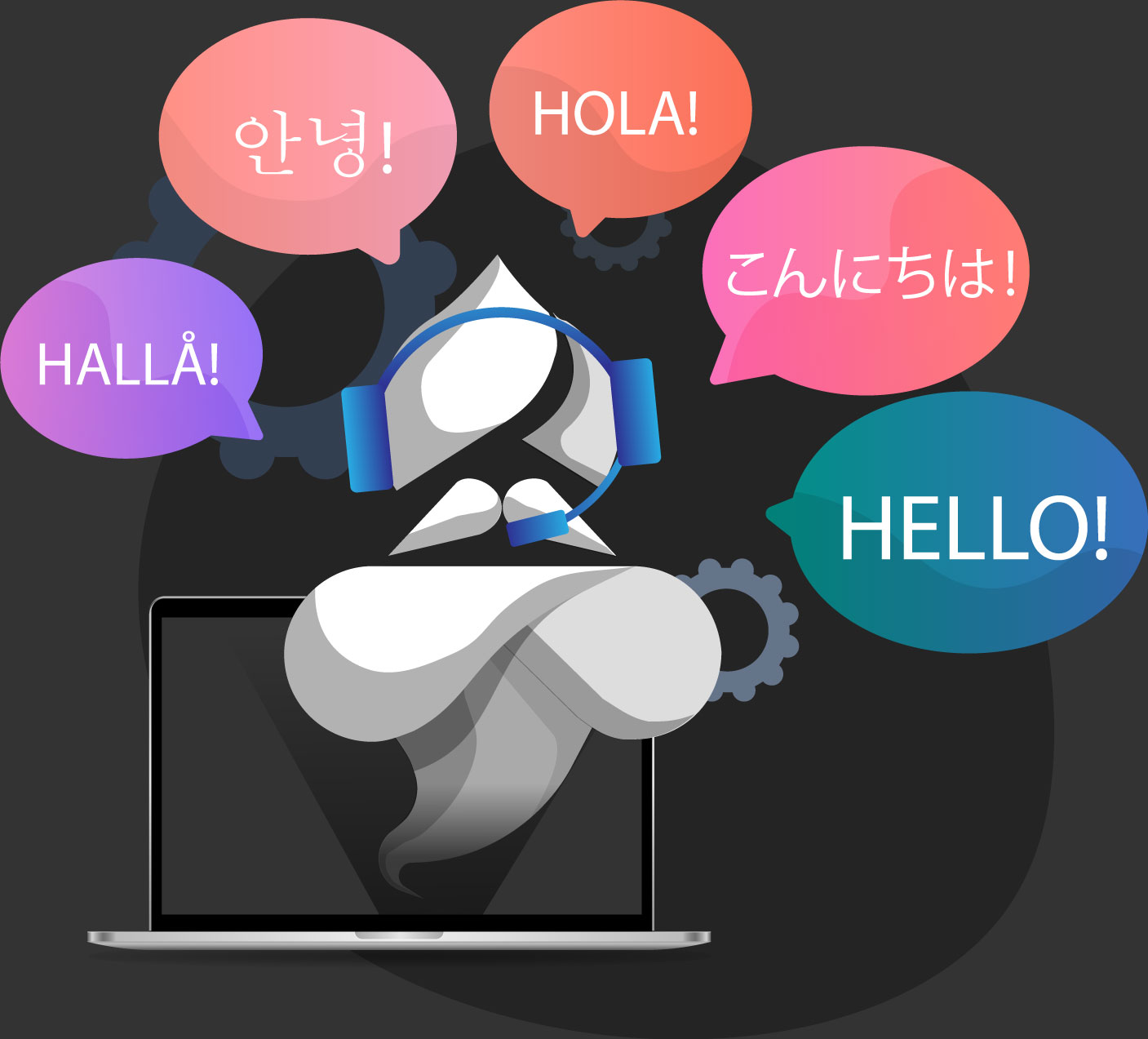 A digital image of hiCreo Genie floating on a laptop, with a greeting in multiple languages. Created using hiCreo's AI design platform for text-to-speech technology