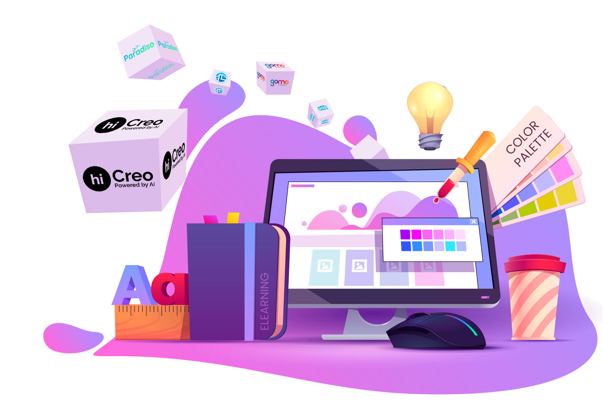 An illustration of a desktop displaying an eLearning design tool and five cubes representing the top five authoring tools for 2023: hiCreo, Paradiso, Lectora, Gomo, and Elucidat. This image showcases free eLearning tools that are currently popular in the market.